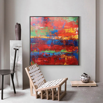 Vibrant Abstract Oil Painting in Red, Blue, and Green for Modern Home Decor