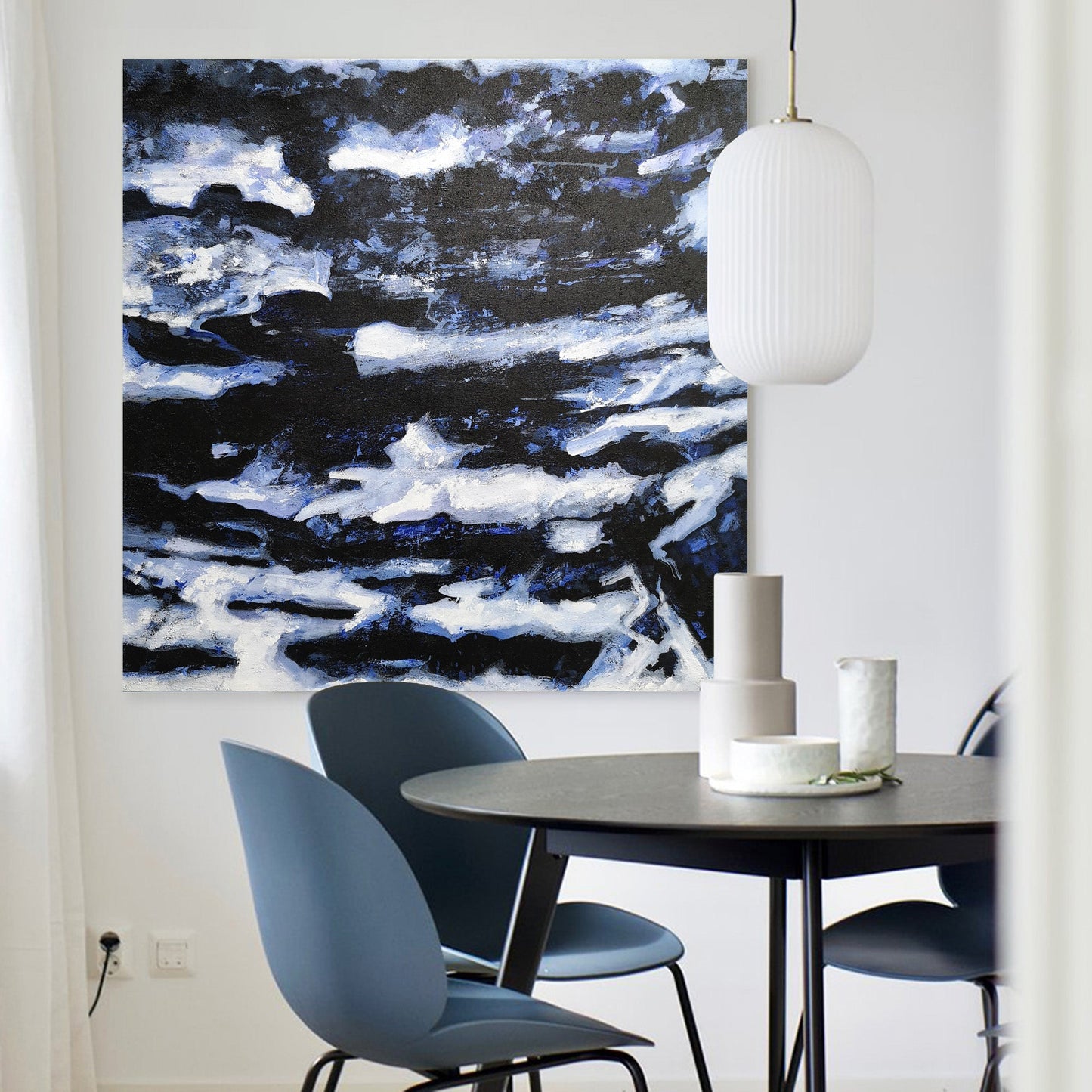 Ocean Depths Abstract Oil Painting in Striking Blue and Black Tones