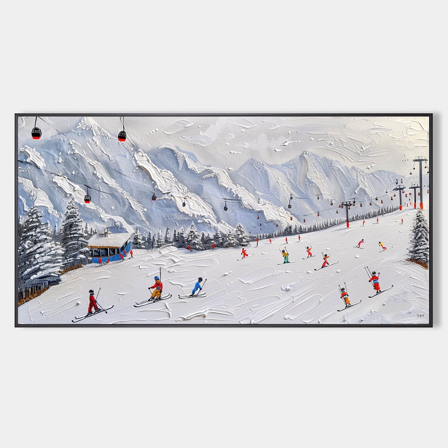 Vibrant Ski Resort Adventure Oil Painting with Textured Snowy Mountains