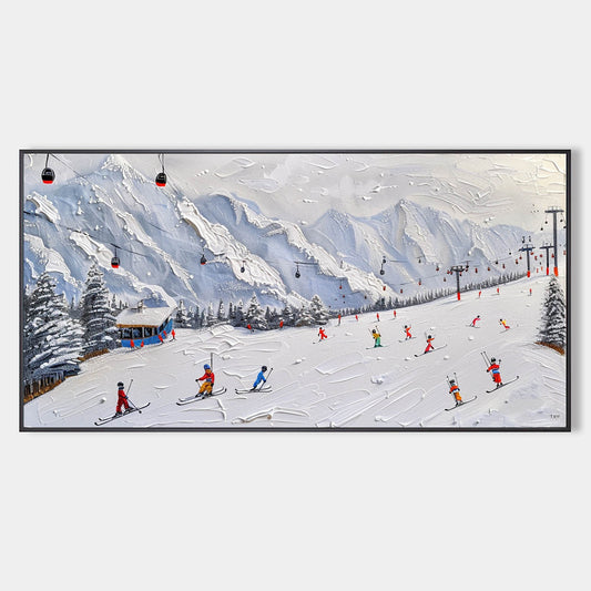 Vibrant Ski Resort Adventure Oil Painting with Textured Snowy Mountains