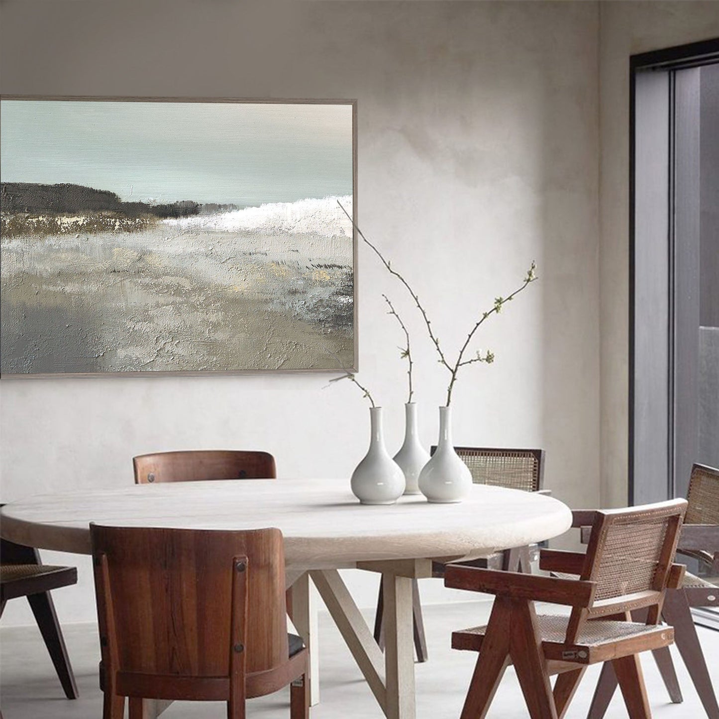 Serene Coastal Landscape Oil Painting with Soft Waves and Tranquil Tones