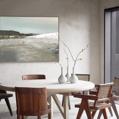 Serene Coastal Landscape Oil Painting with Soft Waves and Tranquil Tones