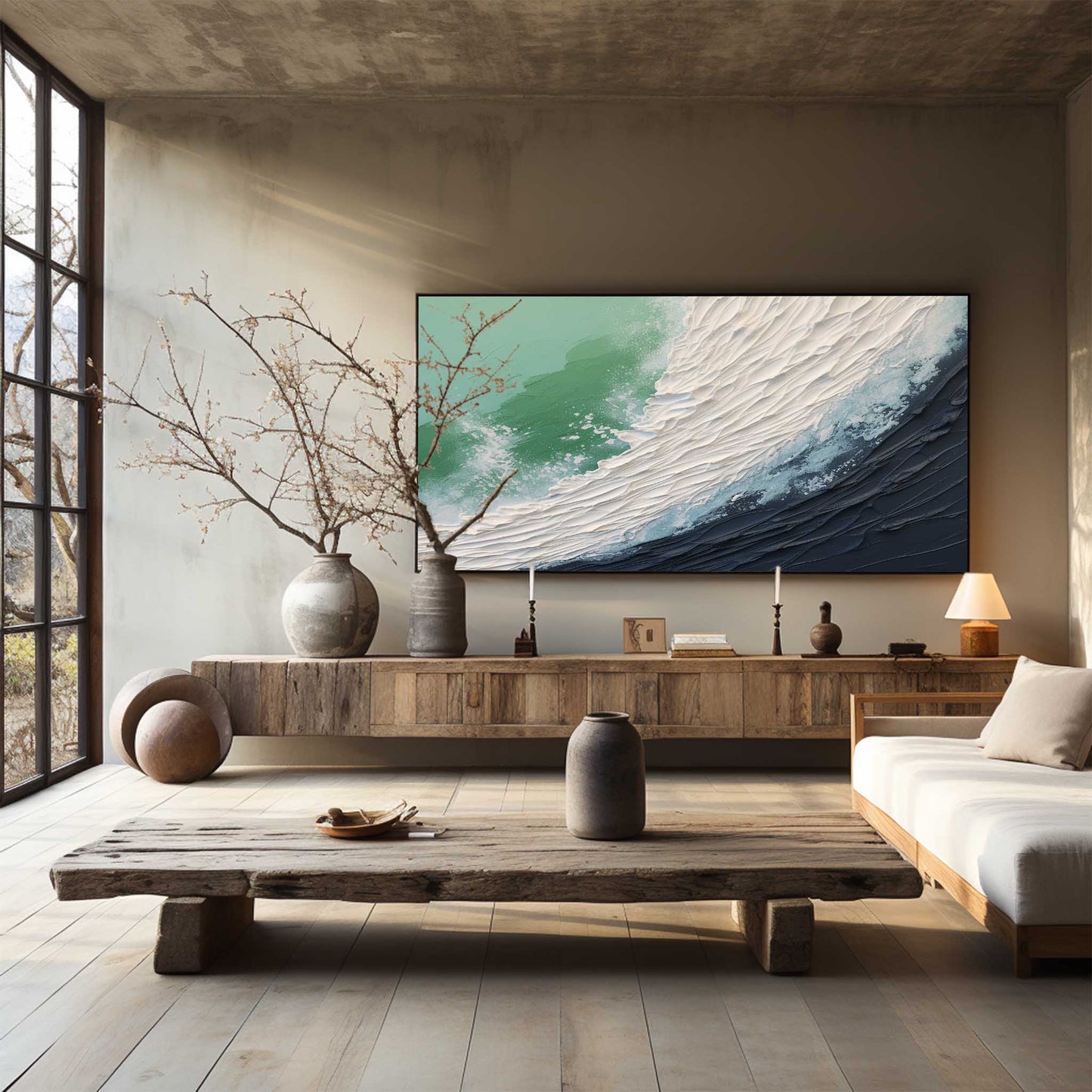 Textured Ocean Wave Oil Painting with Dynamic Plaster Art Finish