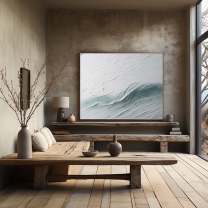 Abstract Ocean Wave Oil Painting with Textured Plaster Finish for Modern Home Decor