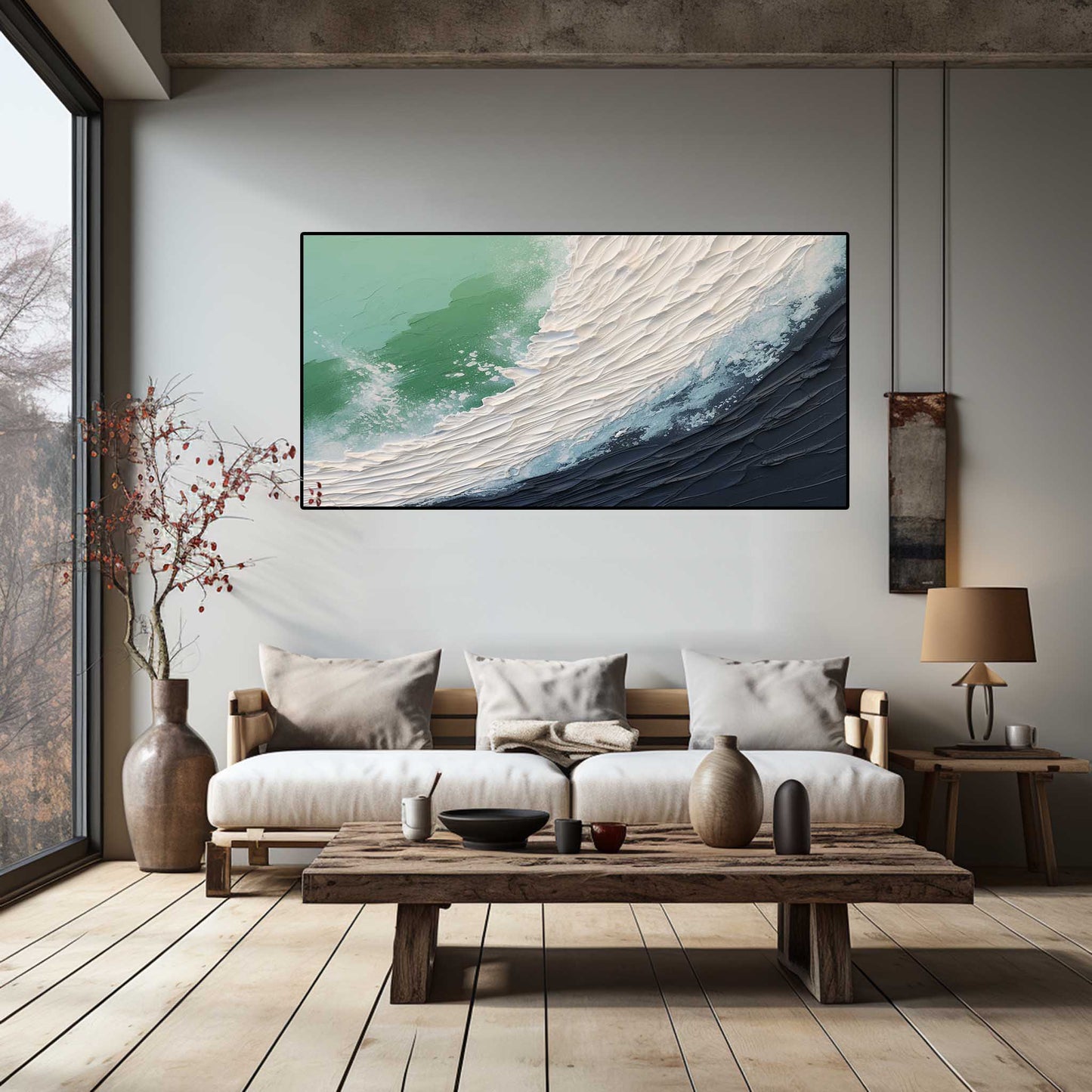 Textured Ocean Wave Oil Painting with Dynamic Plaster Art Finish