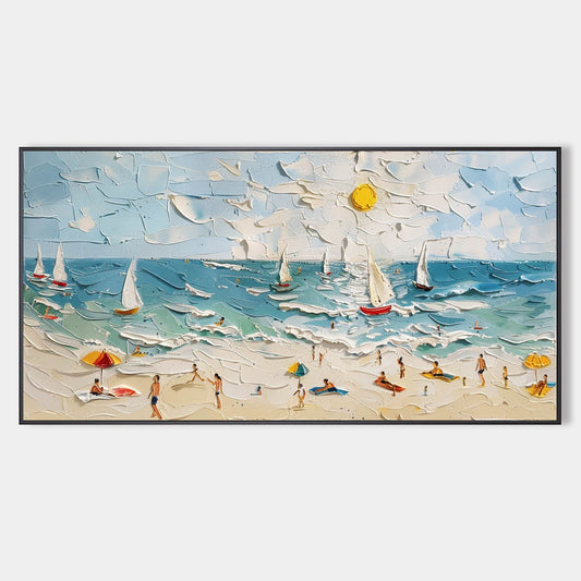 Vibrant Beach Scene Oil Painting with Sailboats and Sunlit Shore