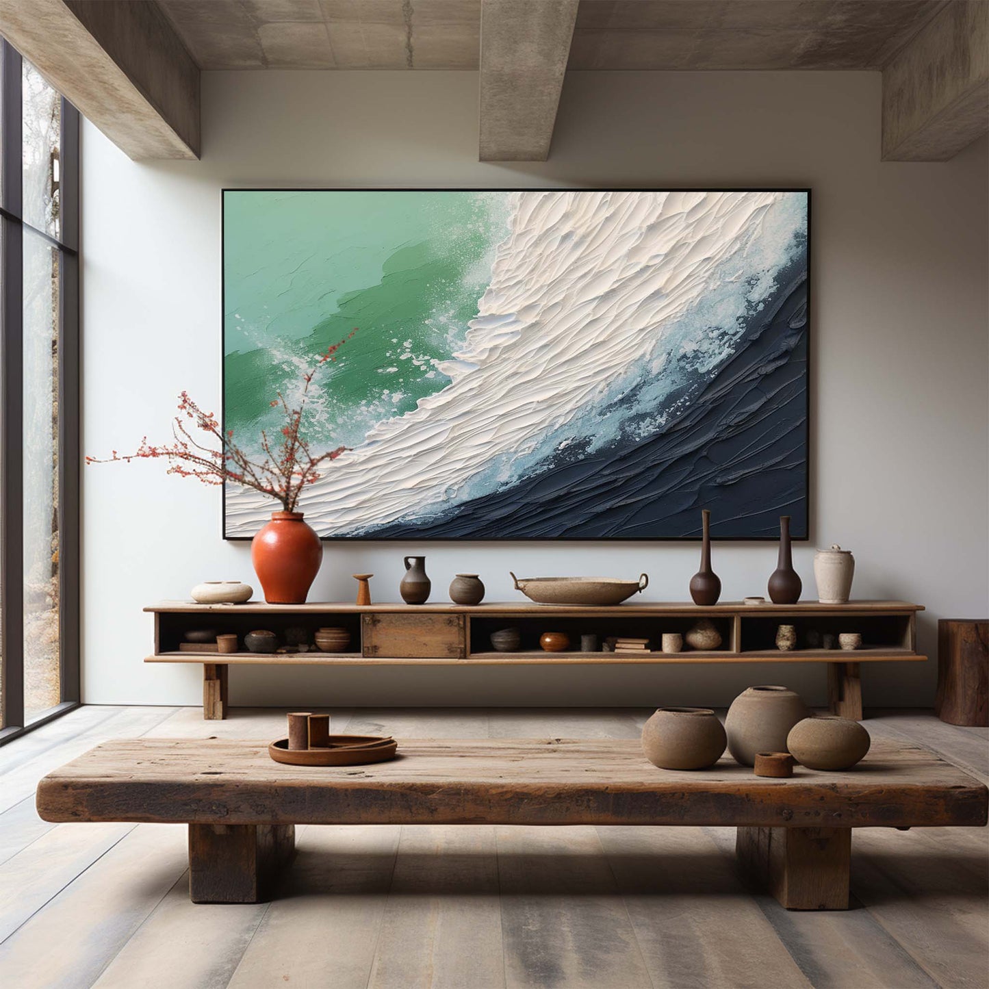 Textured Ocean Wave Oil Painting with Dynamic Plaster Art Finish