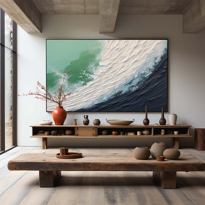 Textured Ocean Wave Oil Painting with Dynamic Plaster Art Finish