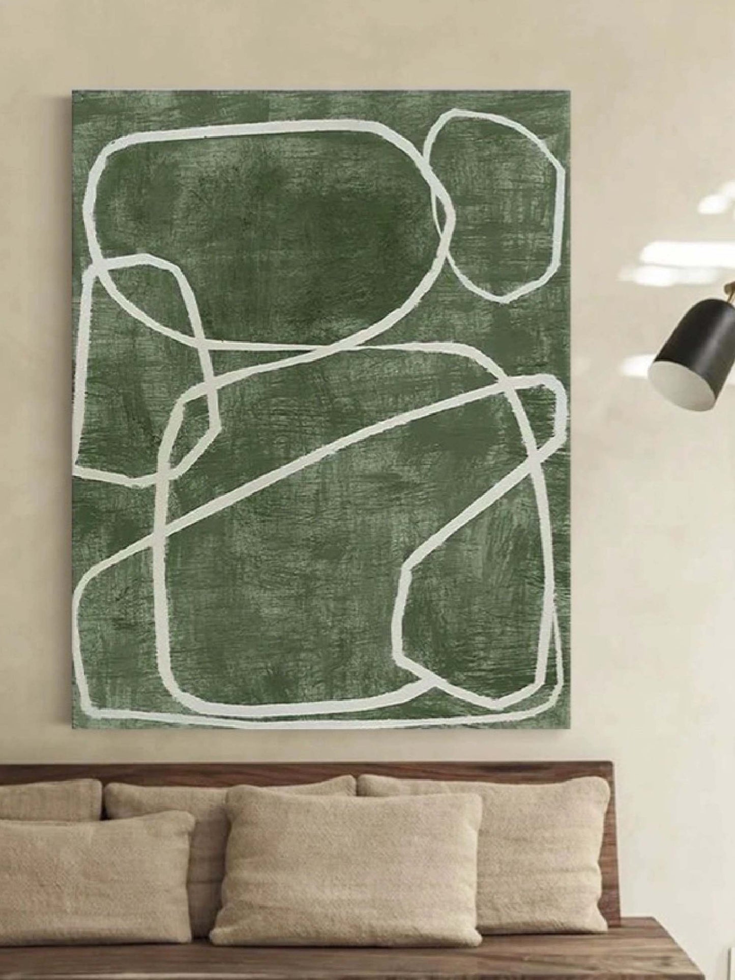 Abstract Green Oil Painting with Bold White Lines for Modern Home Decor