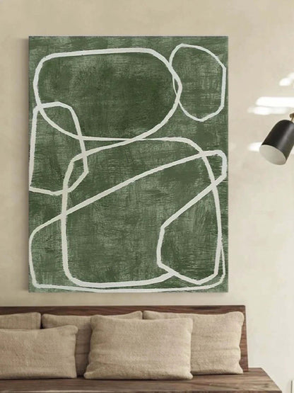 Abstract Green Oil Painting with Bold White Lines for Modern Home Decor