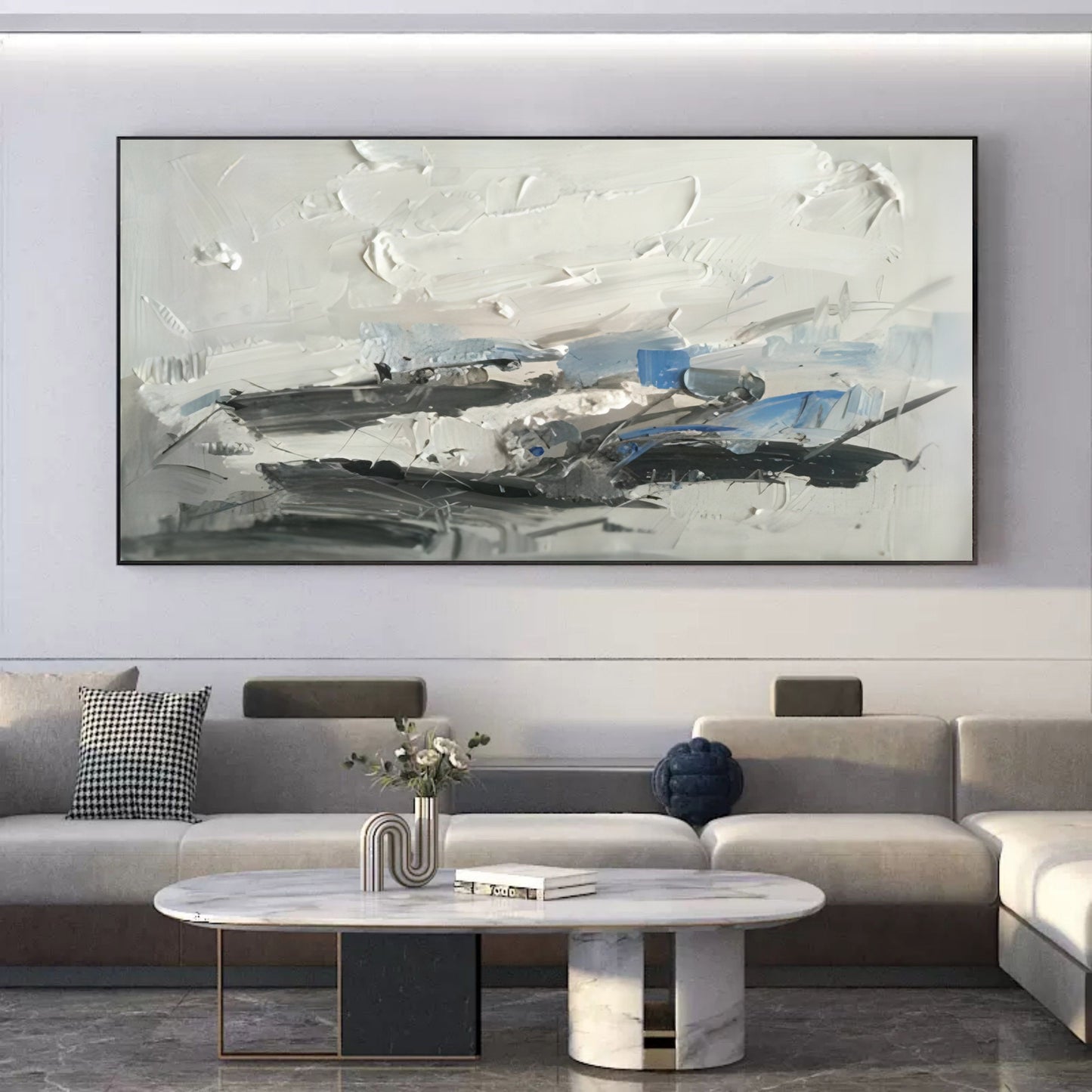 Abstract Textured Oil Painting in Blue and White - Contemporary Wall Art