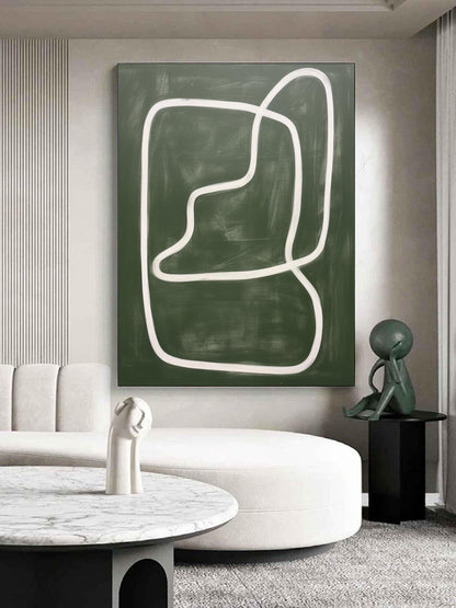 Abstract Line Art - Modern Wabi-Sabi Green Oil Painting for Contemporary Decor