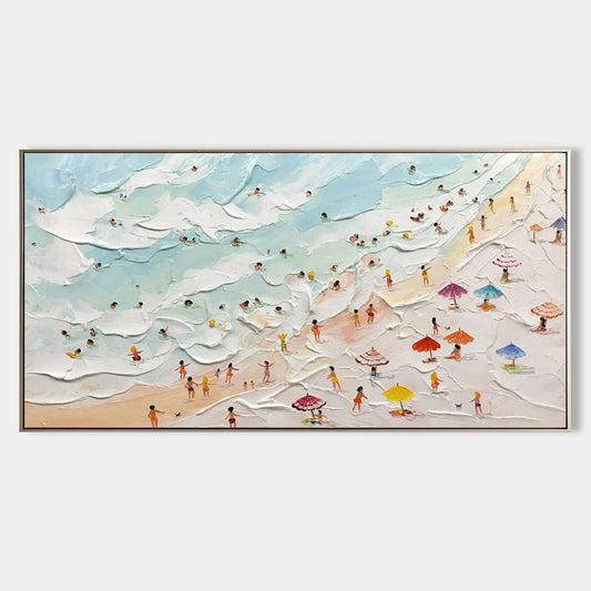 Vibrant Beach Scene Oil Painting with Textured Waves and Colorful Umbrellas