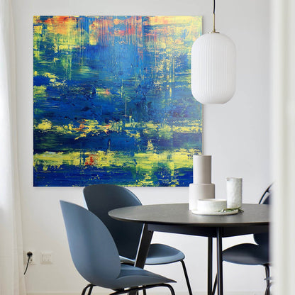 Vibrant Blue and Yellow Abstract Oil Painting for Modern Home Decor