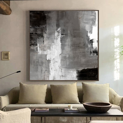 Monochrome Abstract Landscape Oil Painting in Black and White for Modern Decor