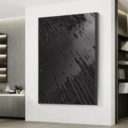 Textured Black Abstract Oil Painting for Modern Monochrome Home Decor