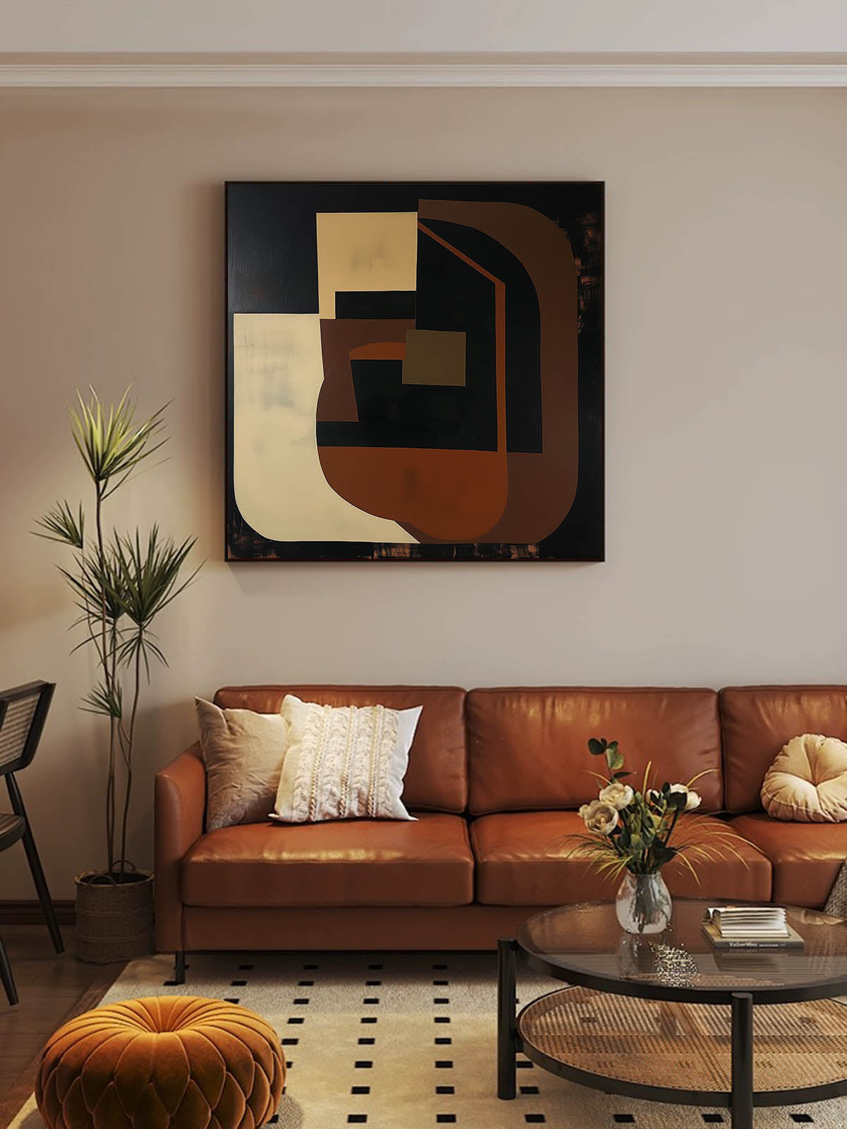 Modern Vintage Abstract Oil Painting with Earthy Tones and Unique Design