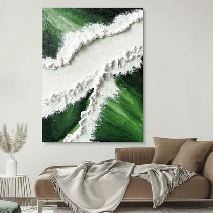 Textured Green and White Abstract Oil Painting for Modern Home Decor