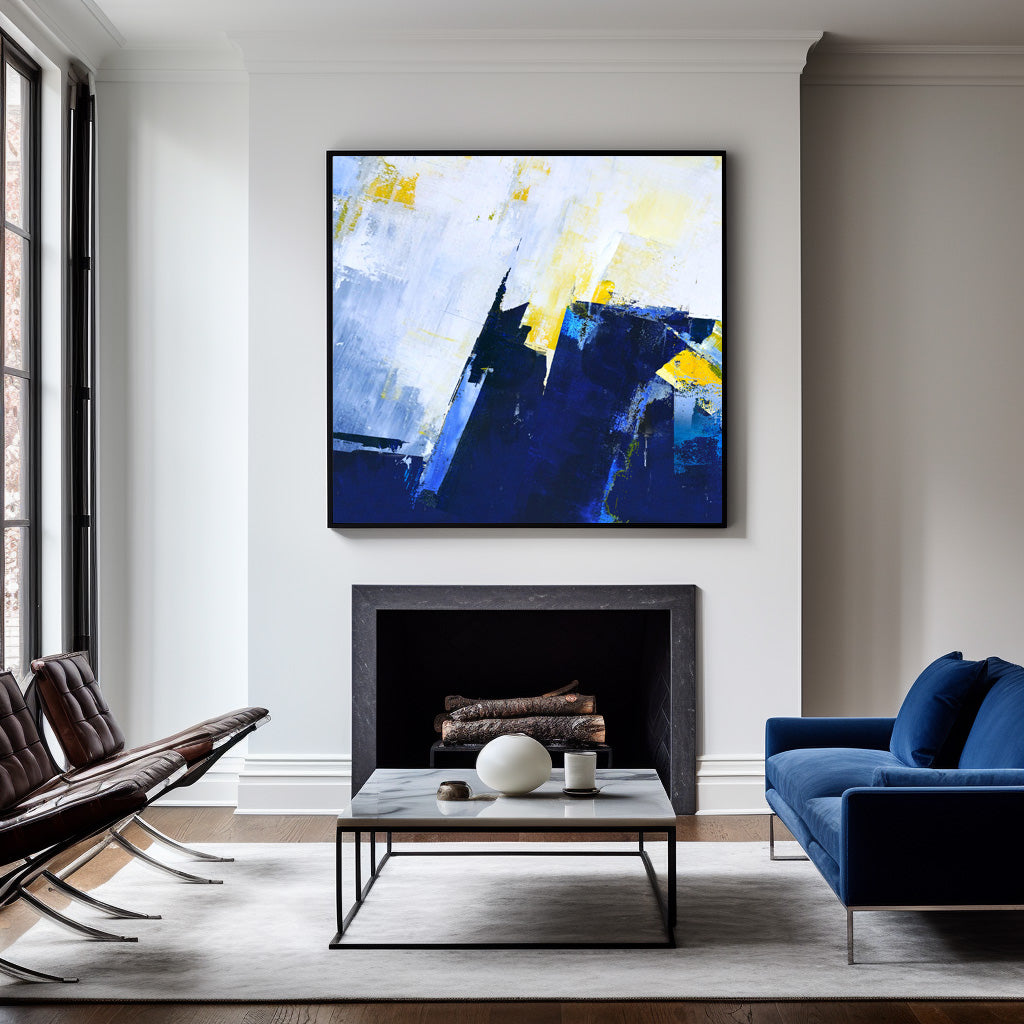 Vibrant Blue and Yellow Abstract Oil Painting for Modern Home Decor