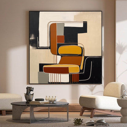 Contemporary Vintage Abstract Oil Painting with Bold Geometric Shapes
