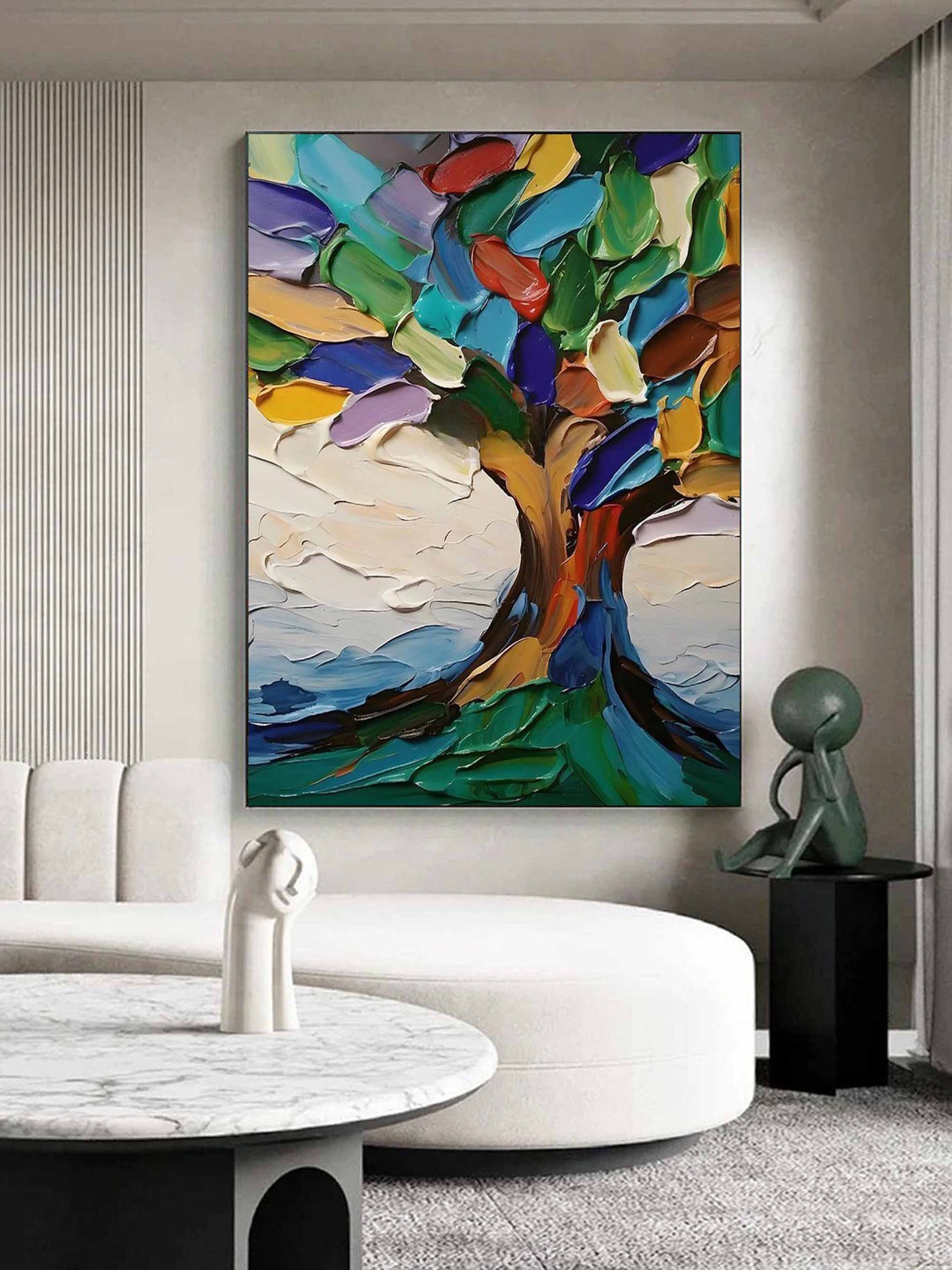 Vibrant Abstract Tree Oil Painting with Colorful Textures and Scenic Background