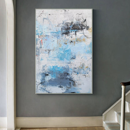 Serene Blue and White Abstract Landscape Oil Painting for Modern Decor