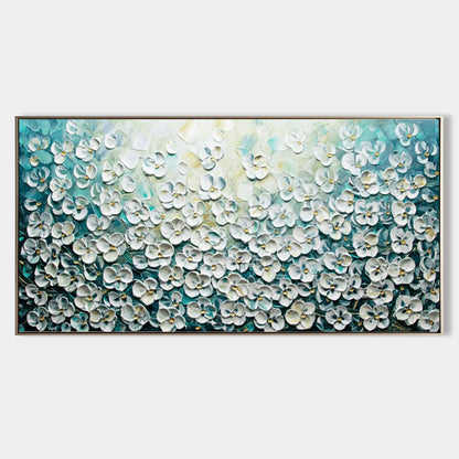 Elegant Floral Oil Painting with Textured Blossom Design on Blue Background