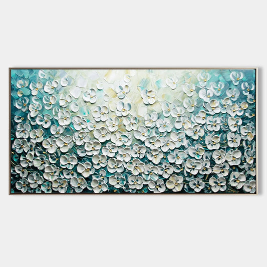 Elegant Floral Oil Painting with Textured Blossom Design on Blue Background