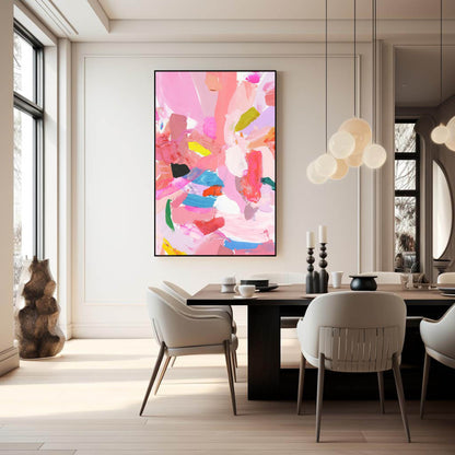 Vibrant Abstract Oil Painting in Pink and Colorful Brushstrokes for Modern Decor