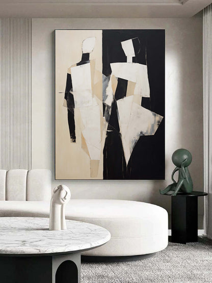 Abstract Minimalist Oil Painting with Elegant Figures in Bold Black and White