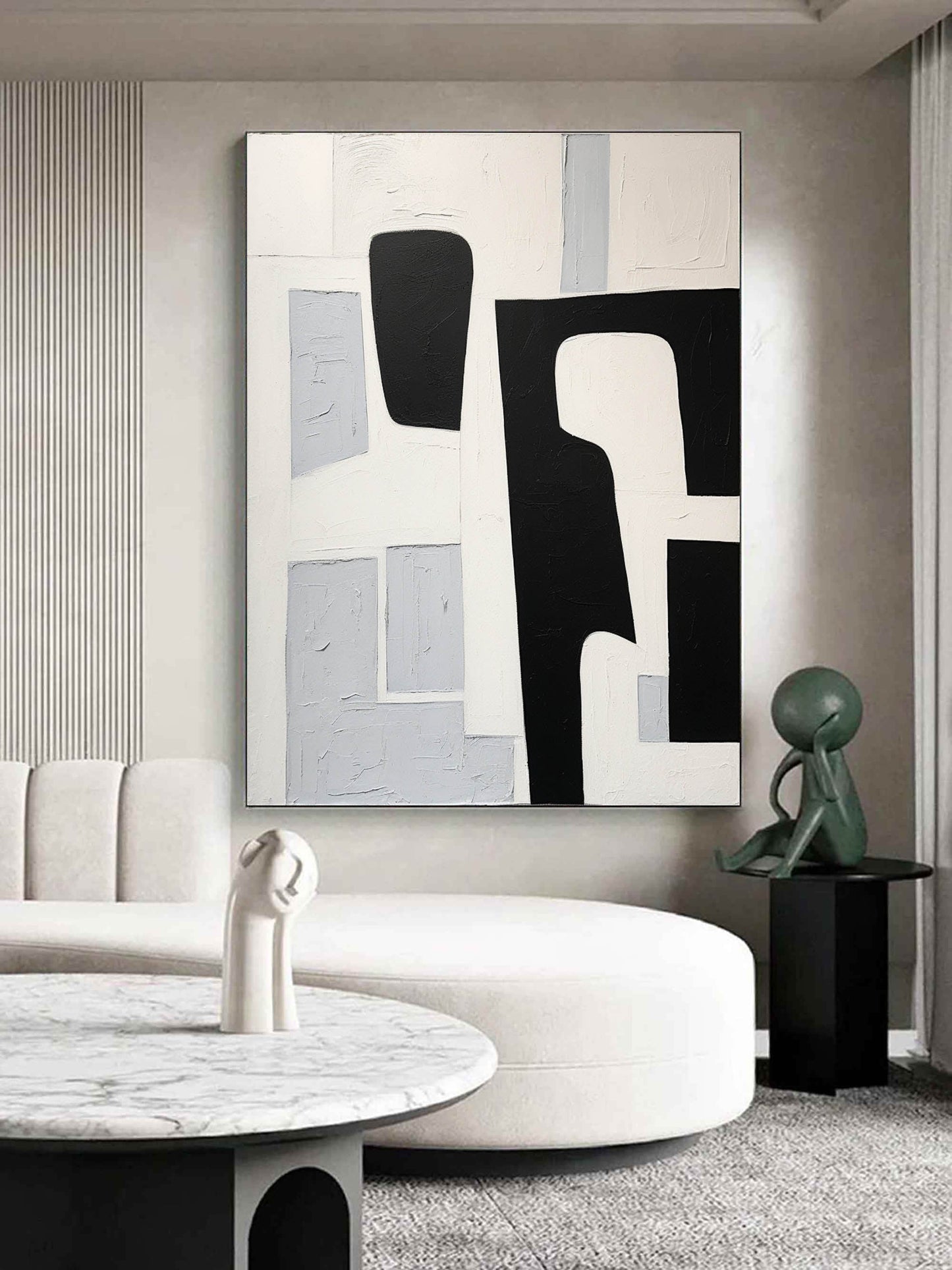 Abstract Black and White Minimalist Oil Painting for Modern Decor