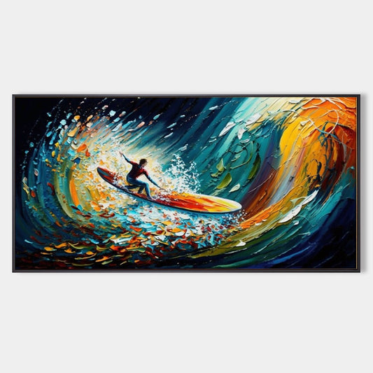 Dynamic Surfing Scene in Vibrant Ocean Colors - Cheerful Oil Painting