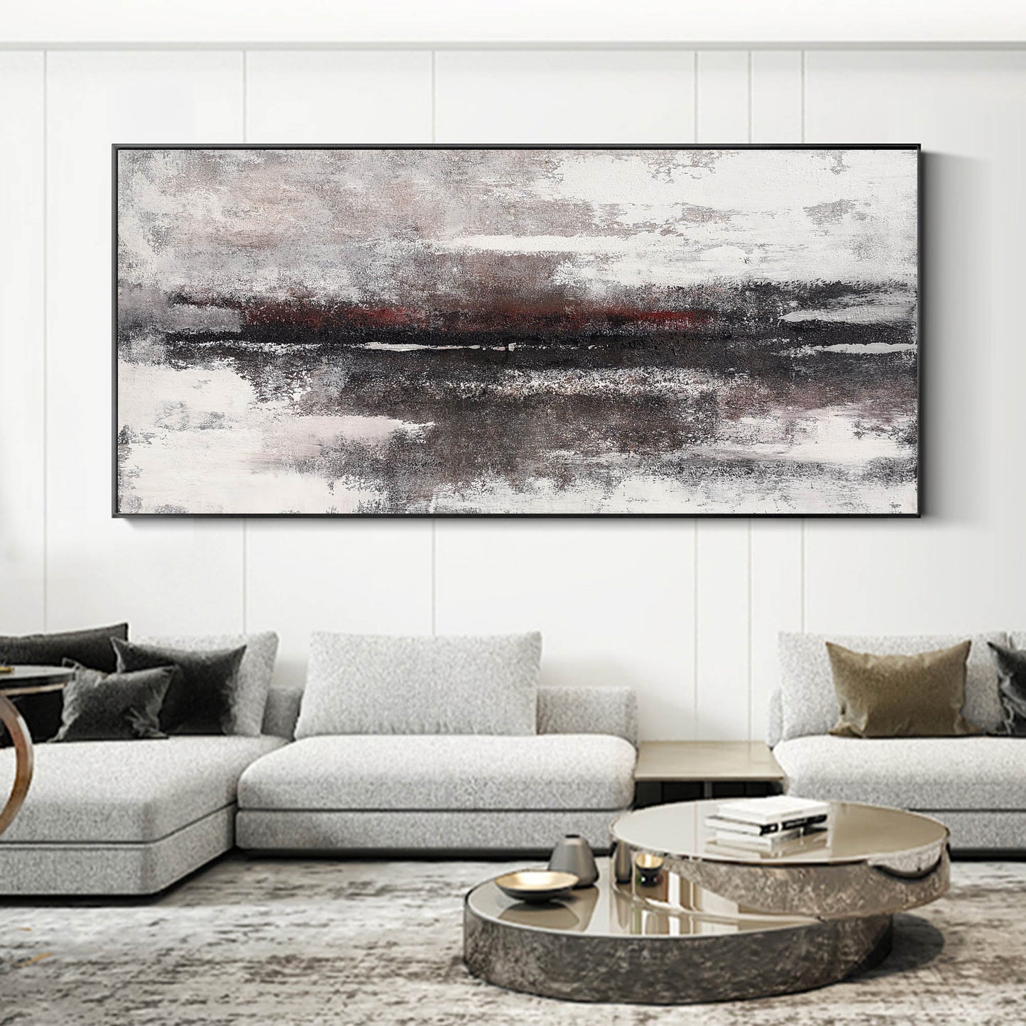 Abstract Black and White Coastal Landscape Oil Painting for Modern Home Decor