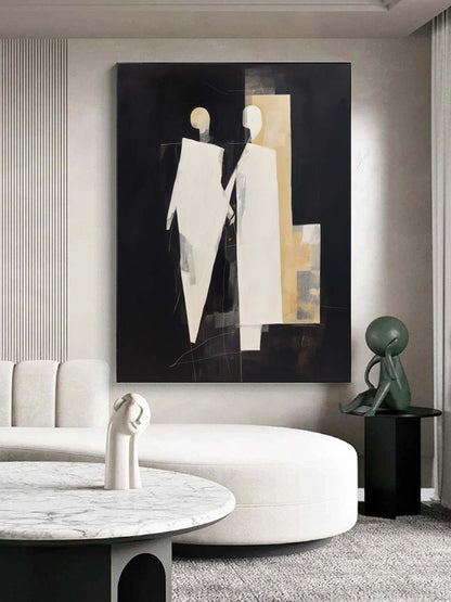 Abstract Minimalist Oil Painting of Figures in Elegant Black and White