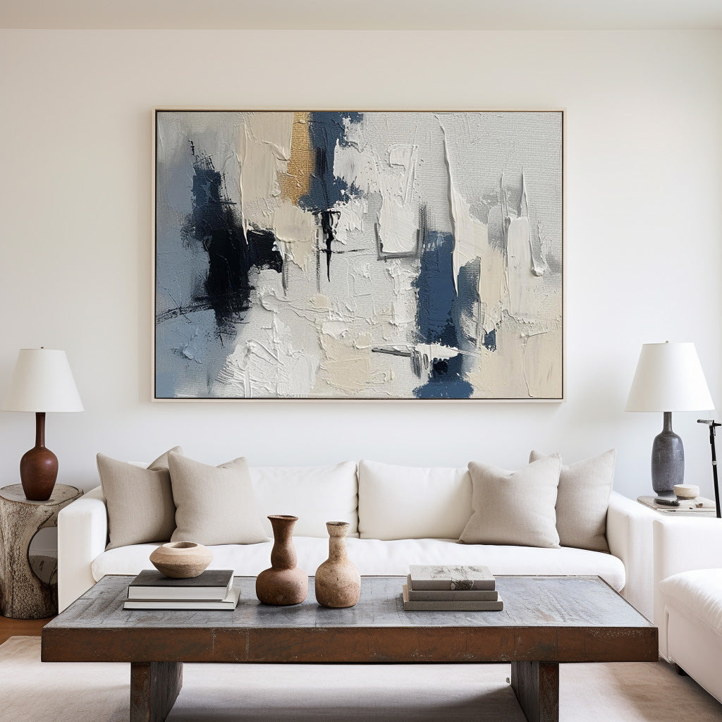 Contemporary Blue and Beige Abstract Oil Painting for Modern Home Decor