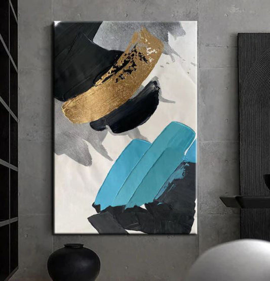 Contemporary Abstract Oil Painting with Gold and Blue Accents for Modern Decor