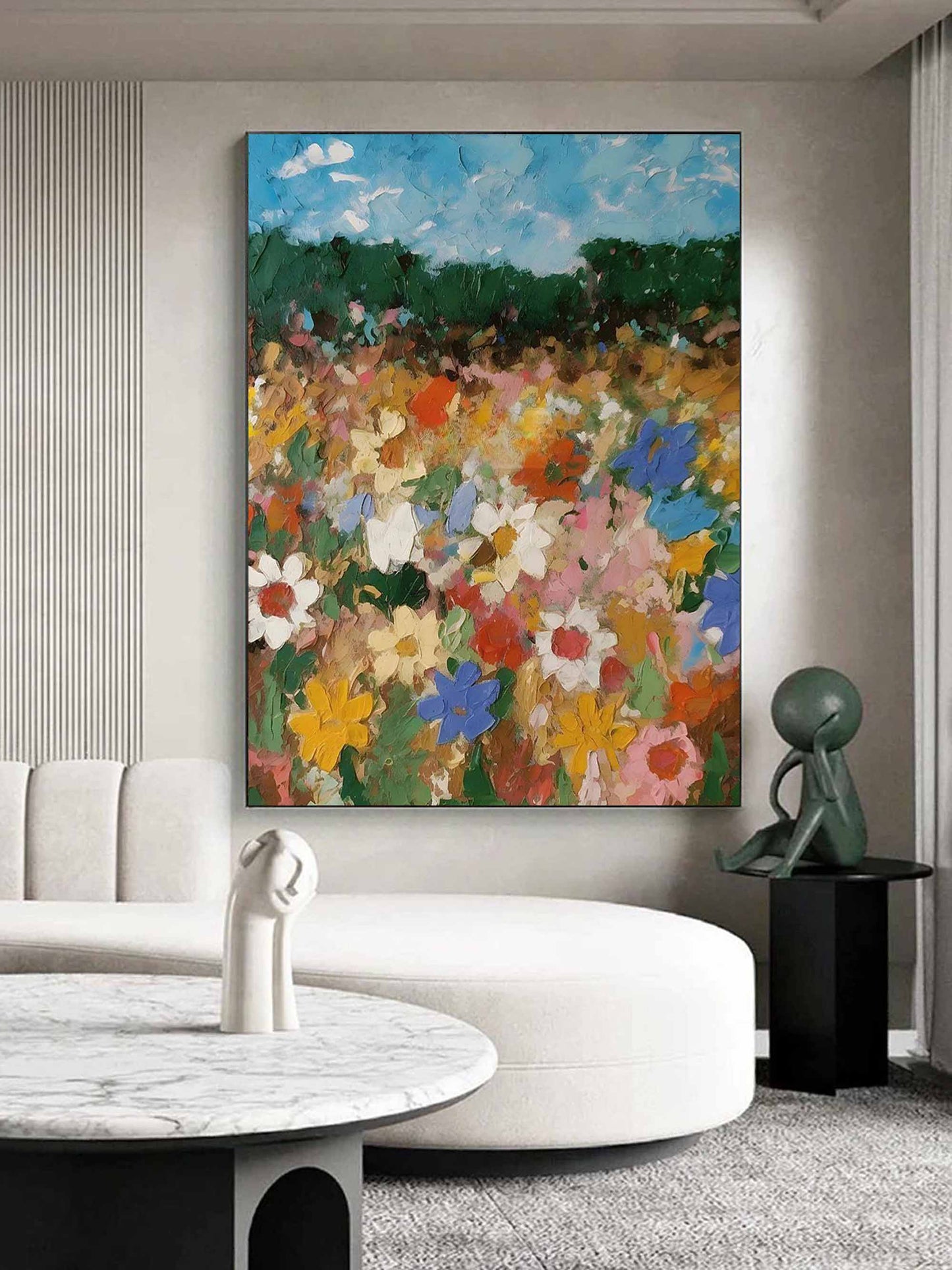 Vibrant Floral Landscape Oil Painting - Colorful Flower Field Art Piece for Home Decor