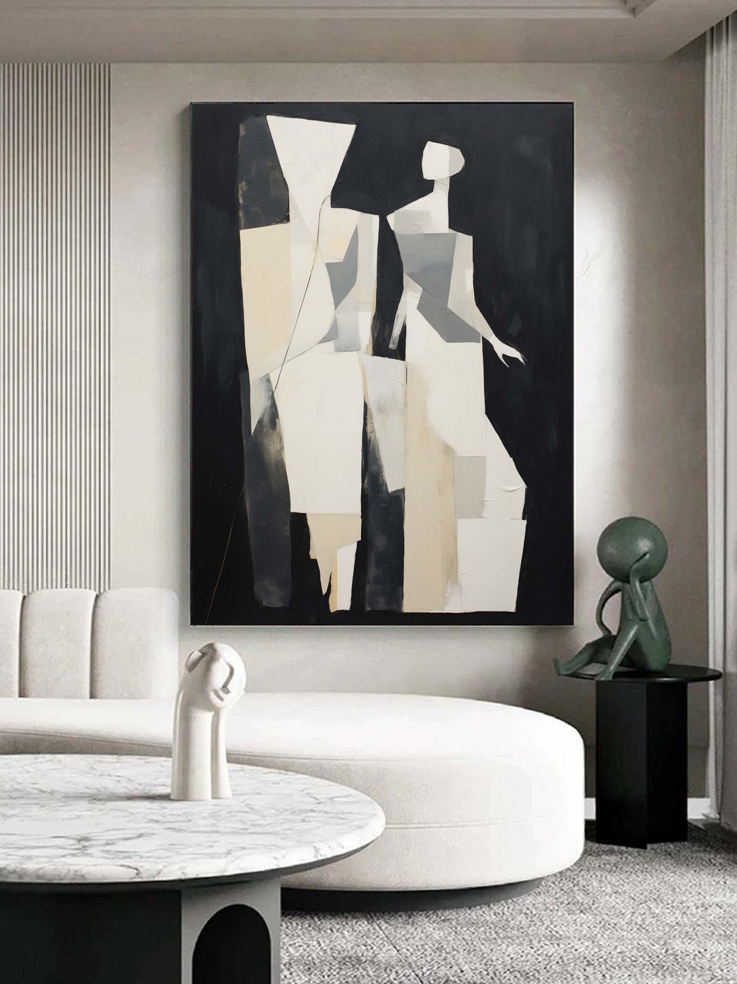 Abstract Minimalist Oil Painting of Stylized Figures in Black and White