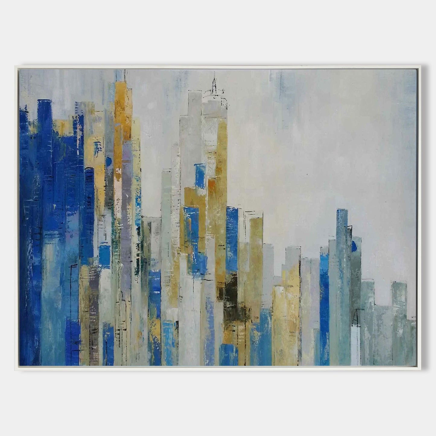 Modern Urban Skyline Oil Painting in Blue and Gold Abstract Style