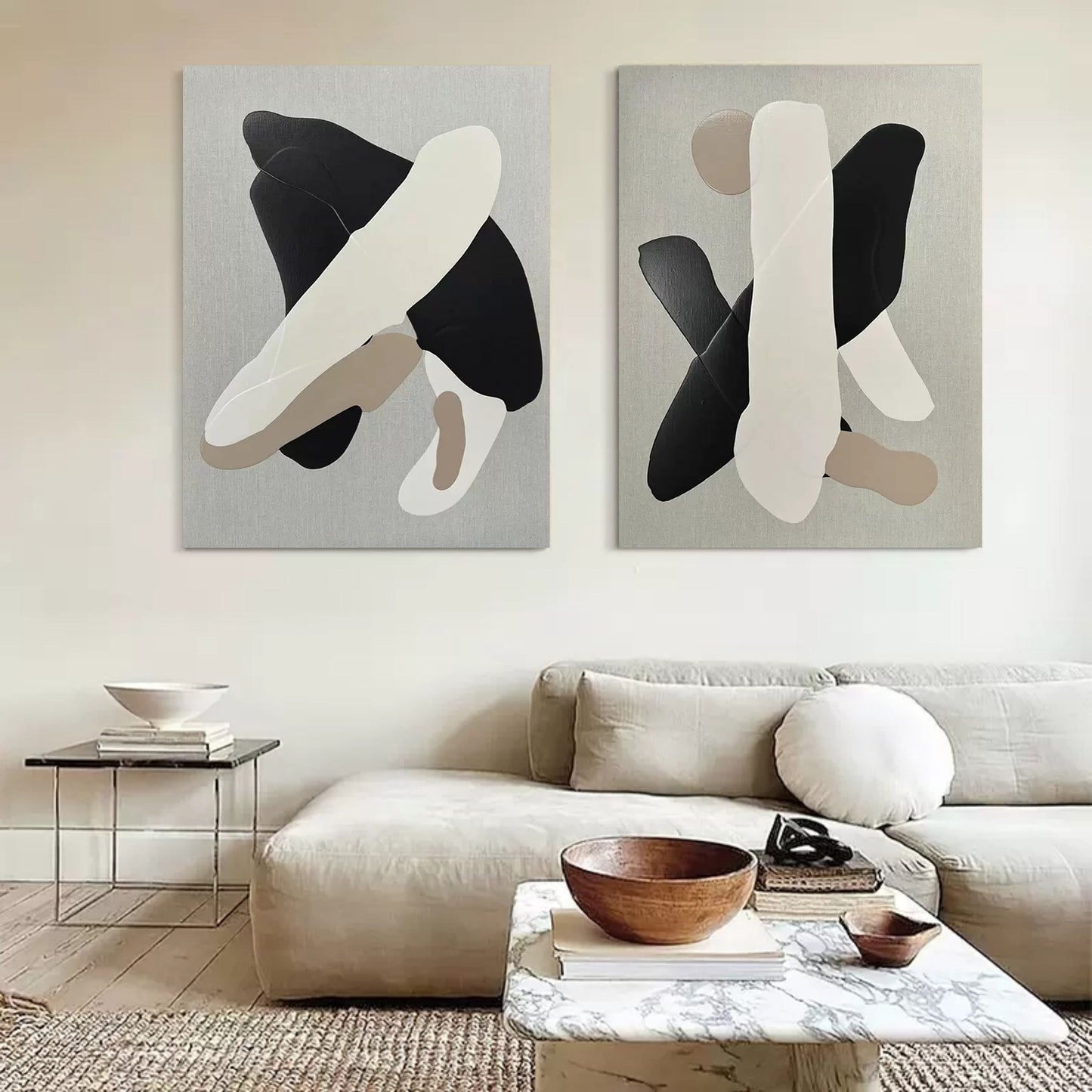 Contemporary Black and White Abstract Oil Painting Duo for Modern Decor