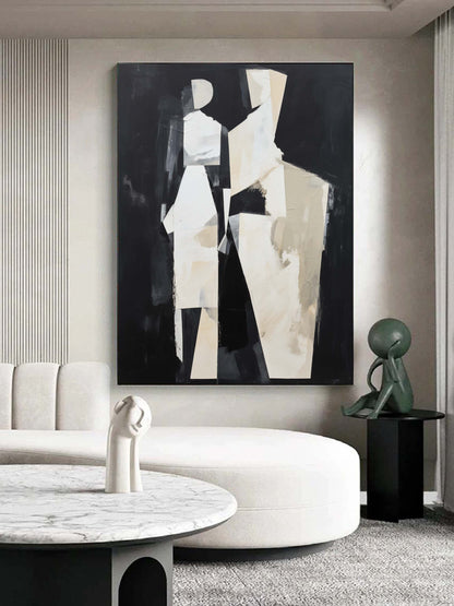 Abstract Black and White Minimalist Oil Painting for Modern Home Decor