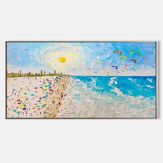 Vibrant Beach Scene with Colorful Umbrellas and Kites - Serene Summer Escape