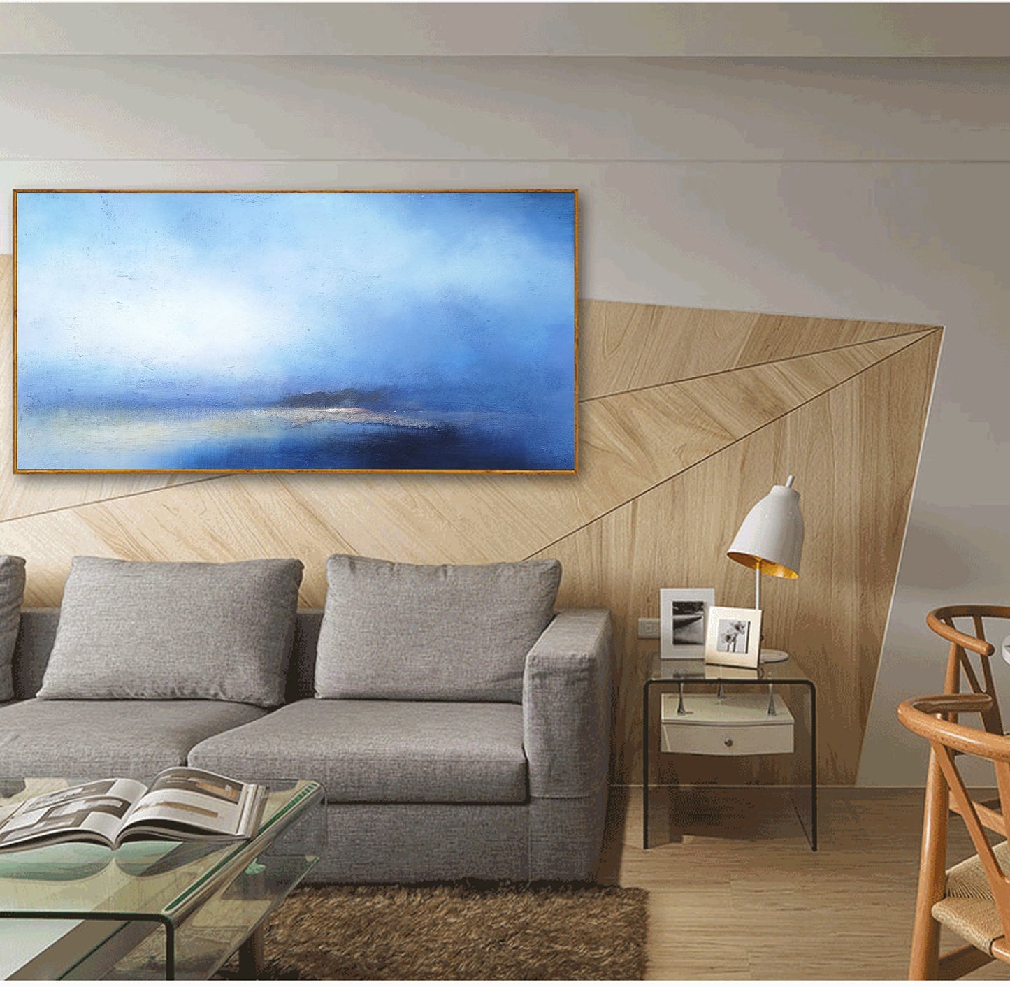 Serene Blue Ocean Horizon Abstract Oil Painting for Tranquil Home Decor
