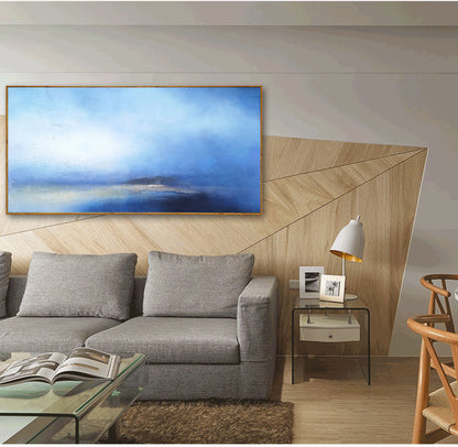 Serene Blue Ocean Horizon Abstract Oil Painting for Tranquil Home Decor