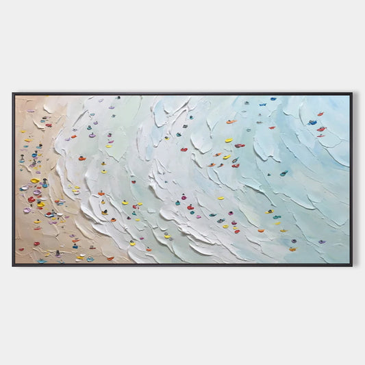 Coastal Waves Oil Painting with Textured Beach and Colorful Boats