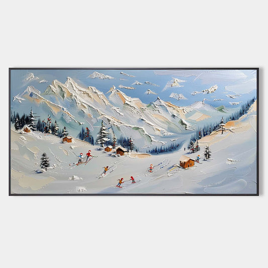 Winter Wonderland Oil Painting with Skiers and Majestic Mountains