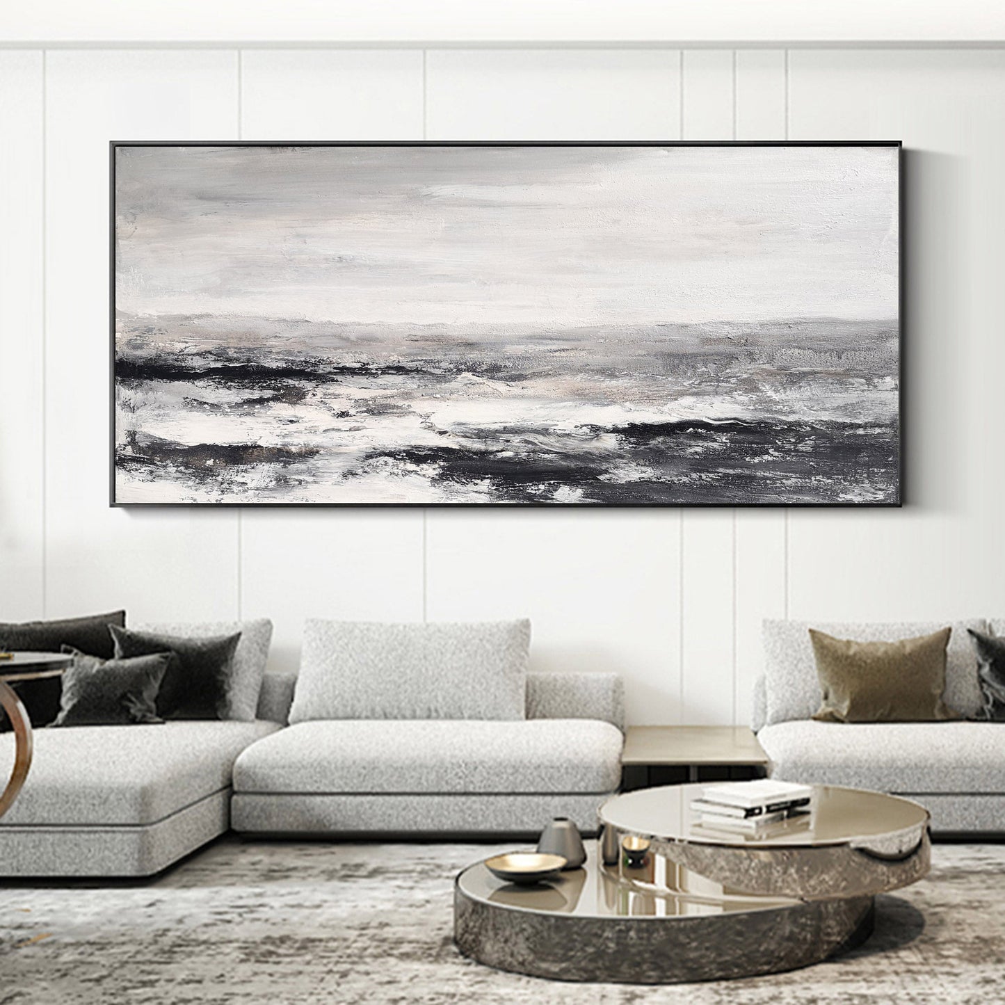 Monochrome Ocean Waves: Abstract Black and White Coastal Oil Painting for Modern Decor