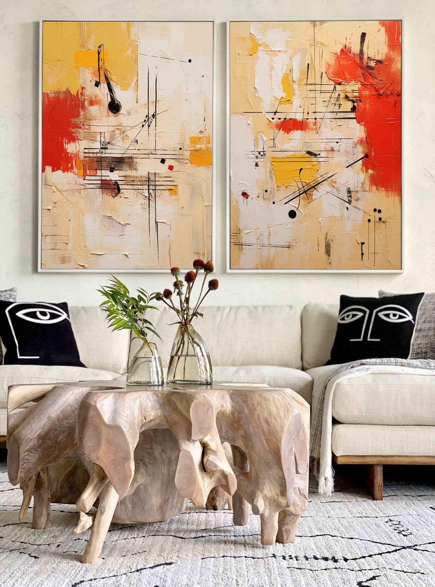 Vibrant Abstract Oil Painting Duo with Red and Yellow Accents for Modern Decor