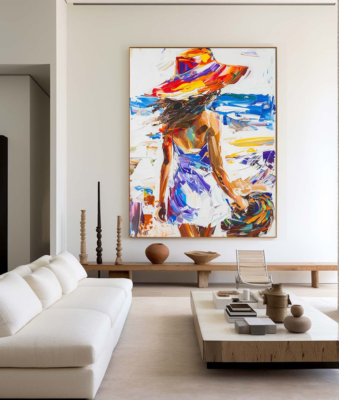 Vibrant Beach Escape: Modern Abstract Oil Painting of a Woman in a Sun Hat