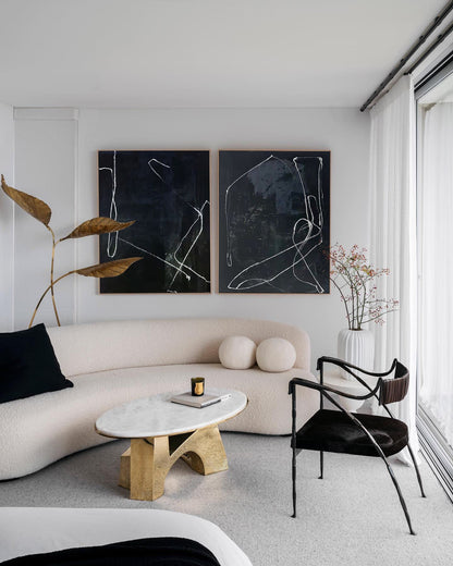 Elegant Black Abstract Oil Painting with Modern Minimalist Lines